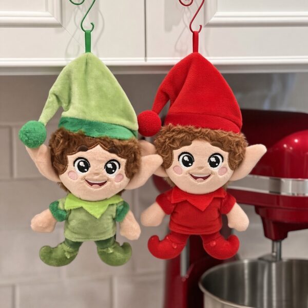 Red and green Kringle elves hanging in a kitchen